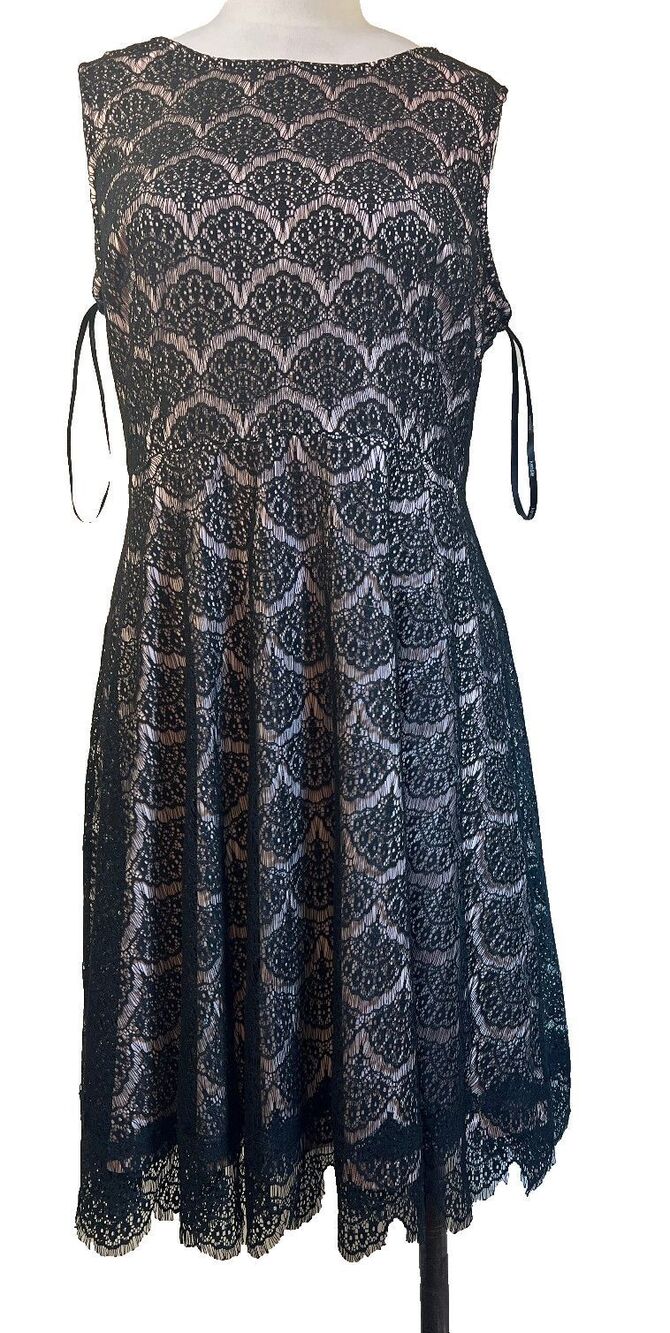 Kensie Lace Skater Dress Black Scalloped Lace Blush Pink/Nude Lining 10 $138